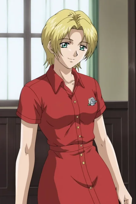 score_9, best, masterpiece, uncensored,
indoors,
1girl, solo, smile, retro artstyle, 1990s (style),
LTHRMNNif, short hair, red short sleeved collared shirt dress, white rose corsage,
<lora:LeathermanNif_V2:0.8>​​​