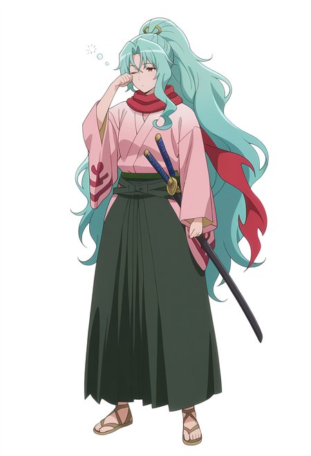 Smooth Quality,masterpiece, ultra realistic,
simple background, white background, 
front view,sleepy,
 <lora:Tomoecnn:0.8> sofia/cnn, 1girl, long hair, scarf, ponytail, red eyes, japanese clothes, katana, green hair, very long hair,sandals,