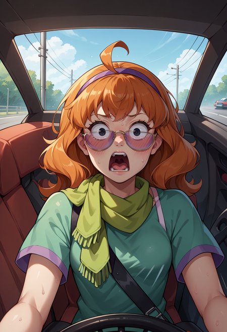 score_9, score_8_up,score_7_up, source_anime,1girl, solo,<lora:EPsbdDaphne:1>,  EPsbdDaphne, orange hair, long hair, black eyes, purple hairband, green scarf, 
 sunglasses,  !, !!, ahoge, blush, green shirt, driving, looking at viewer, motion blur, open mouth, shirt, short sleeves, spaghetti strap, steering, steering wheel, surprised, sweat, upper body, screaming, panicking, wide-eyed