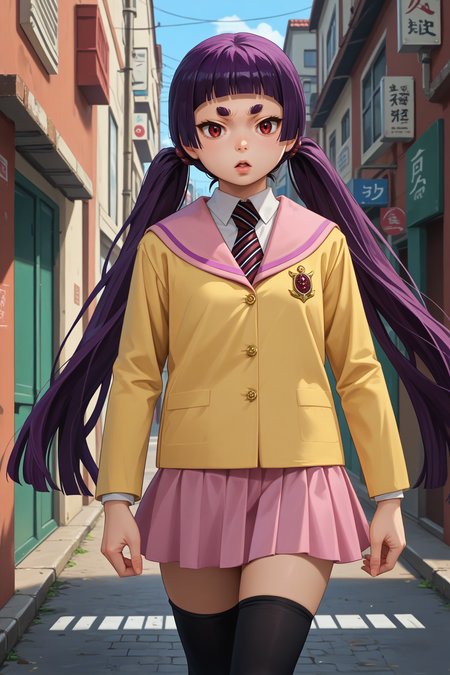 score_9, score_8_up, score_7_up, score_6_up, source_anime, 1girl, solo,<lora:kamikiizumo-pdxl-nvwls-v1-000006:1> izumokamiki, eyebrows, dark purple hair, low twintails, blunt bangs, red eyes, striped necktie, collared shirt, pink sailor collar, yellow blazer, white shirt, lavender skirt, walking, black thighhighs, alleyway, chestnut mouth