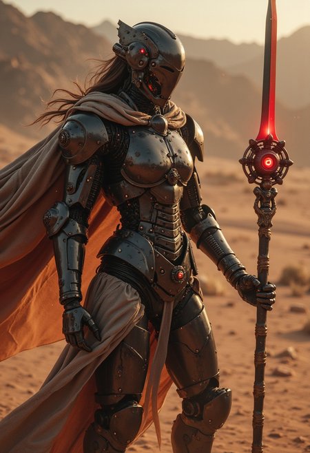 Extreme Face Closeup, FredFraiStyle, upper body closeup shot, old grainy analog photo, bad image quality, heavy film grain, monochrome with low key color spots, Create an action scene featuring a intricately wired and mechanical robot Knight with Female head and Long hair in a broad outworn cape, standing in the midst of an desert forest. He is executing a powerful spell with her orb-staff that carves a furrow through the sand on the ground, scattering them away or disintegrating them with the force of the blow. The focus is on the intricate designed luminous orbstaff of the robot in motion, showcasing the reddish blur of light that eye trails with the swift motion of the slash, capturing the dynamic speed of the fighter. Pressure Wave, floating particles, The warriors stance is calm and cool, with only his silhouette visible against the backdrop of the setting sun, which shines through parts of his metallic body. His billowing Linen cape adding to the dramatic effect. The scene is vibrant with atmospheric lighting and cinematic composition.