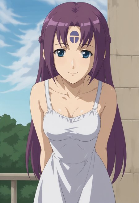 <lora:Asuha_Hare_Nanaka-Girls_Bravo:0.8>,1girl,solo,Asuha Hare Nanaka,purple hair,long hair,braid,blue eyes,anime coloring,sundress, arms behind back, leaning forward, looking at viewer, smile,outdoors,day,forehead mark,