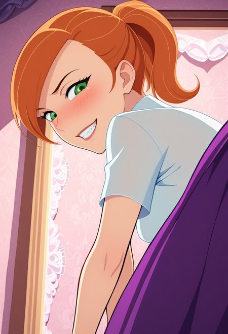 kim, ponytail, Prom dress, 
solo, short, athletic, blushing,  expressiveh, close up view down shirt, bent over, chest focus view, bedroom, 
bedroom, on bed, naughty look, grin