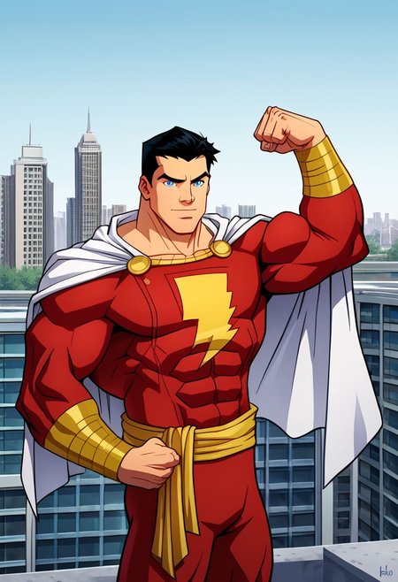 High Quality,  Shazam,  solo, 1man, flexing arms, black hair, blue eyes, red suite, white cape, red hero suite, muscle body, posing on the roof of a building,