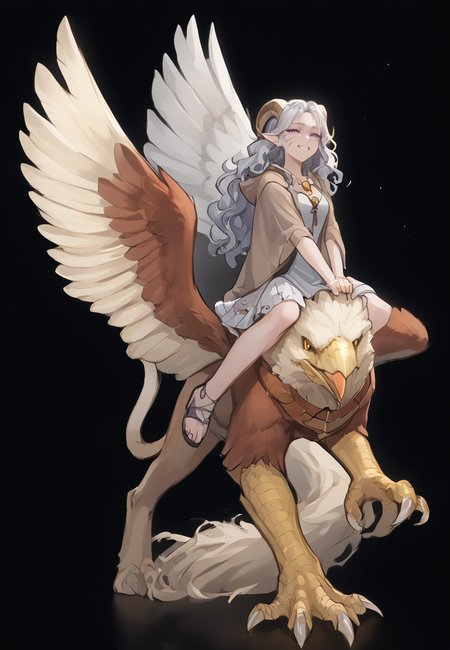 source_furry, score_7_up, rating_safe, source_anime, anime face, <lora:whisker_markings:0.8>red whisker_markings, silver long wavy hair, bell necklace, short pointy ears, purple eyes, <lora:age_slider_v4:0.6> full body, close up, 
<lora:Test_Diana:0.9> tiefling_bard_diana:1.5, robe, cloak, 
girl riding griffin, 
griffin, riding griffin, <lora:Tieflingnew weird fantasyDND:0.3><lora:Smooth Style 2 SDXL_LoRA_Pony Diffusion V6 XL:0.3> smile, open eyes, <lora:INKxXmo shaded face:0.7> Shaded FaceINKxXmo Dark Theme, <lora:griffin:0.8> <lora:azuu:0.4> azuu