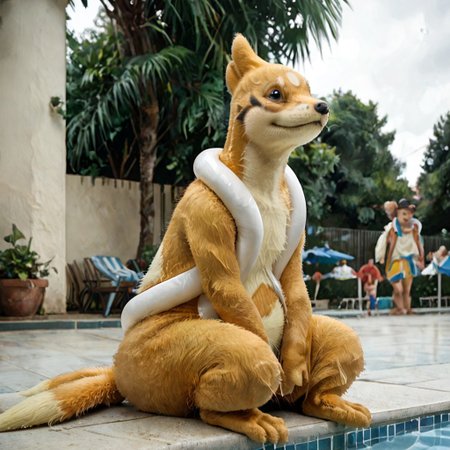zPDXL3, Score_7_up, score_8_up, Re_An,
BREAK,
Small short furry, cub, mustelid, mammal, floatzel, (shiny Pokemon), yellow fur, white tube, full body, two tails, body fur, detailed fur, sitting, 
Outdoors, public pool, poolside,
