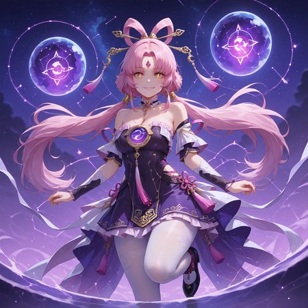 (masterpiece, best quality,perfect face:1.4),highres,illustration,8k,(looking at viewer, collarbone),(hyper-detailed,digital painting,trending on ArtStation,shiny_eyes,sparkling_eyes, smile, :1.2),
(Cyber-fantasy masterpiece 8K:1.4), [astral mage manipulating quantum strings], fractalized stardust forming rail-track patterns, (pulsing neon-blue probability waves:1.5), (entangled photon streams creating holographic matrix:1.3), (quantum tunnel warping spacetime geometry:1.4), (floating Dirac equations glowing cyan:1.1), (nebula particles condensing into crystal shards:1.3), (Schrödinger's cat hologram flickering:1.1), (multilayer refraction through prismatic energy fields:1.4), (background of collapsing star clusters:1.1), cybernetic cel shading with (neon noir lighting:1.3), (temporal displacement trails:1.1)
Fuxuan,1girl,forehead jewel,white pantyhose,solo,pantyhose,pink hair,long hair,twintails,bare shoulders,hair ornament,low twintails,black footwear,detached sleeves,parted bangs,tassel,yellow eyes,dress,hair stick,bow-shaped hair,constellation print,very long hair,black dress,hair rings,tassel hair ornament,jewelry,
cleavage,large breasts,bouncing breasts,outdoors,<lora:aidmaImageUpgrader-v0.3-IL:0.6>,<lora:Fuxuan(IL):0.85>,