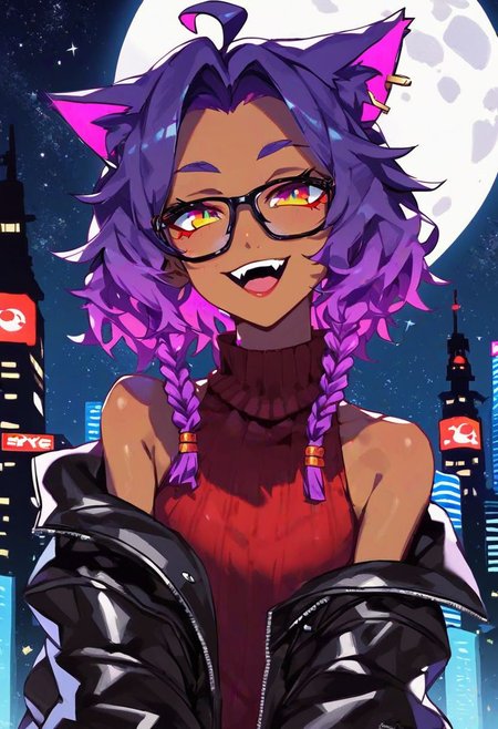 score_9_up, score_8_up, score_7_up, very detailed, very cute catgirl, cute pose, catgirl ears, tanned skin, dark skin, titanium framed glasses, bright neon purple hair, bobcut, ribbon-braided hair, bangs, medium hair, ahoge hair, sly smile, open mouth, starry jewelrey, baggy sweater, oversized sweater, Red Turtleneck sweater, black leather coat, studded coat, spiked coat, night time, cyberpunk city in background, moon, solo focus on face, from torso up, detailed face, best detail, (best quality:1.5), masterpiece, (high resolution:1.5) 
ng_deepnegative_v1_75t, OverallDetail, , Expressiveh