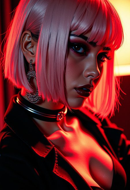 closeup zoomed in portrait of a femme fatale Japanese woman, straight-cut platinum bob, earrings, dark eyeshadow, red lips, choker, seductive, lustful, sultry, choker, silhouetted, professional photography, directional lighting, viewed from the side