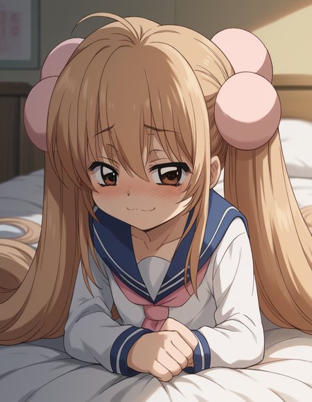 score_9, score_8_up, score_7_up, source_anime, <lora:rin-kokonoe-s1-ponyxl-lora-nochekaiser:1>, rin kokonoe, long hair, brown hair, hair ornament, twintails, brown eyes, very long hair, hair bobbles,, school uniform, serafuku, long sleeves,, indoors, bed, bed room, on side, blush, drunk,, , bent over, smug,, looking at viewer, solo,, dutch angle, cowboy shot