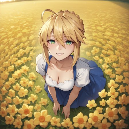 zPDXL2,score_9, score_8_up, score_7_up, score_6_up, score_5_up, score_4_up, <lora:Flower_Field:0.7> flw3r, outdoors, flower field,  sunset, high angle, looking up,  yellow flowers,smile, 1girl, solo, artoria_pendragon_(fate)