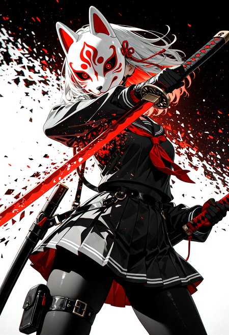 1girl, action pose, fox_mask, fox fire, mechanical eye, holding sword, school uniform, harness, thigh pouch, silhouette art, glitch art, virtual, colored shadow, geometry, monochrome, local color adaptation, hdr, (disintegration effect:1.4), (chromatic aberration, polarized:1.2), (blurry:1.4), masterpiece, best quality, amazing quality, very aesthetic, absurdres, newest,