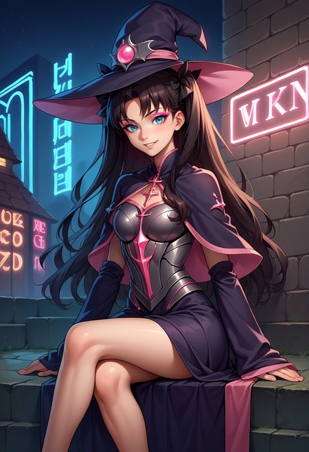 score_9, score_8_up,score_7_up, source_anime, 1girl, solo, <lora:EPfsnRinPony:1.0>, EPfsnRin, long hair, black hair, two side up, twin-tails, blue eyes,  glowing neon lights, sitting, armoured, witch hat, witch robe, eyeshadow, looking at viewer, smiling, pink glow, pink magical energy,