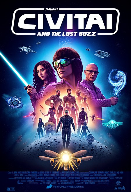 Create a dynamic movie poster in the style of a classic Star Wars film poster. The poster should be themed around the website "Civitai" and titled "Civitai and the Lost Buzz". At the top of the poster, in bold, cinematic lettering, the word "Civitai" should be prominently displayed. At the bottom, the subtitle "and the Lost Buzz" should appear in a similar style.  In the center of the poster, depict a diverse group of characters that represent the creative and collaborative spirit of the Civitai community. These characters should include a futuristic artist with a digital palette, a programmer wearing augmented reality glasses, a digital explorer holding a glowing data crystal, and an AI entity with a holographic, shifting form. Arrange these characters in dynamic poses, blending seamlessly into each other, similar to the iconic composition seen in Star Wars posters.  Around the central characters, include various futuristic vehicles and spaceships that symbolize the exploration of digital realms. These could include a sleek, digital spaceship that resembles a stylized circuit board, a hovercraft with glowing data streams trailing behind, and a drone shaped like a pixelated bee (representing the "buzz"). The vehicles should appear to be in motion, as if racing through a digital landscape or cosmos filled with floating binary codes, glowing icons, and abstract representations of creativity and innovation.  The background should be a vibrant blend of colors, featuring shades of blue, purple, and neon green, with swirling digital patterns and stars that suggest a vast, uncharted cyberspace. Incorporate subtle elements like faint outlines of computer chips, faint digital waveforms, and glowing neural networks to enhance the theme.  Overall, the poster should capture the adventurous, imaginative spirit of a digital journey, filled with innovation, collaboration, and the discovery of the "Lost Buzz"  <lora:- Flux1 - vanta_black_V1.0.safetensors:1.0>, <lora:aidmaImageUpgrader-FLUX-V0.1.safetensors:1.0>, detailmaximizer
