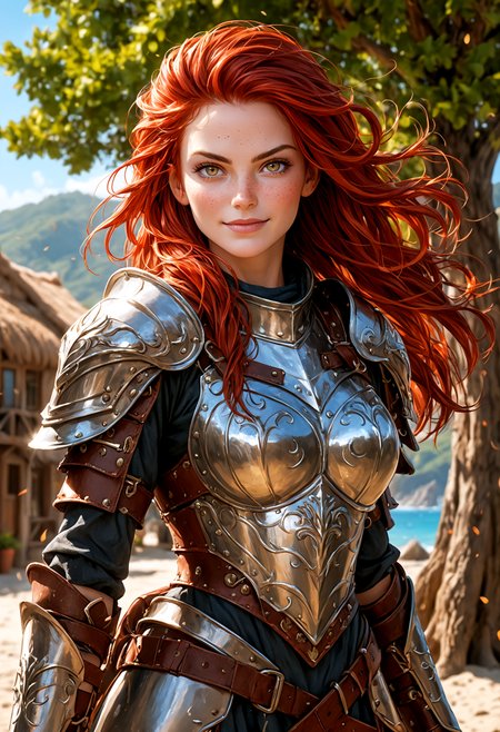 (photorealism:1.5)
heroic female warrior, confident smile, wind blowing her red hair, detailed armor, majestic tree in the background, serene coastal village, vibrant colors, high contrast,  cinematic, strong pose, determined expression, epic, high-definition, adventurous atmosphere
slight freckles, long eyelashes,