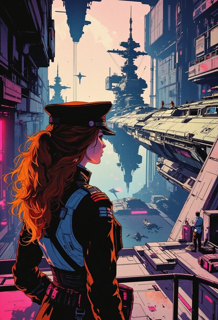 Image is an extreme wide angle shot digital fantasy artwork featuring a beautiful woman looking down at an epic futuristic space port. She's wearing a military dress uniform with a military cap and decorations on her shirt. There are tassles and holsters on her uniform signifying her rank as an admiral. She's up above on a walkway looking out. Inside the space dock there are large capital space ships with many guns. They dwarf everything around them. In the background is crew, repair men, hover craft, robots, space ships. bright neon, contrast, <lora:RetroAnimeFluxV1:0.5> <lora:RM_Illustrify_v1.0MFLUX:0.65> <lora:aidmaMJ6.1-FLUX-v0.4:0.3>