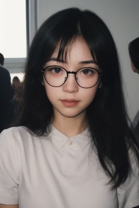 1girl with glasses, realistic, Analog style, 8mm film, chromatic aberration, Dvd screengrab, 80s movie, cinematic lighting, Yumi tsu, Live portrait photography, Contemporary photography, in the style of gothic dark intensity, snapshot aesthetic, light black, chinapunk, slender, karencore, high details, realsitic shadow, in motion, realistic, glasses, looking at viewer, green hair, multicolored hair, two-toned hair, lips, good hands, best hands, perfecteyes eyes