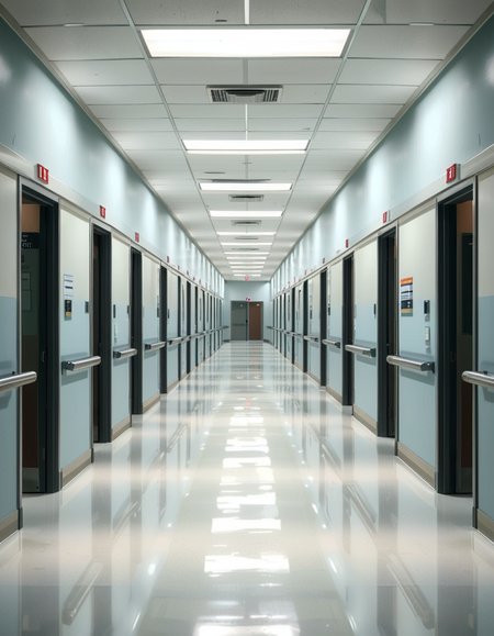 A long, sterile hospital corridor with bright white walls and a polished, reflective floor. The fluorescent ceiling lights cast a cold, clinical glow, emphasizing the cleanliness of the space. The hallway is lined with closed patient rooms, each marked with a small number plate. Stainless steel handrails run along the walls, and a few medical carts are neatly parked near the side. The corridor appears empty, creating a sense of stillness and anticipation. At the far end, a set of double doors with small glass windows leads to another section of the hospital. The atmosphere is quiet, professional, and highly sanitized, evoking a sense of order and precision.
<lora:SDXLFaeTastic2400:0.4> <lora:extremely_detailed:0.4> extremely detailed, <lora:sterile_hospital_c0rr1d0r:1>,sterile hospital c0rr1d0r, Masterpiece,best quality,hi res,8k,hi res,8k,award winning,(sharp focus, intricate, highly detailed),