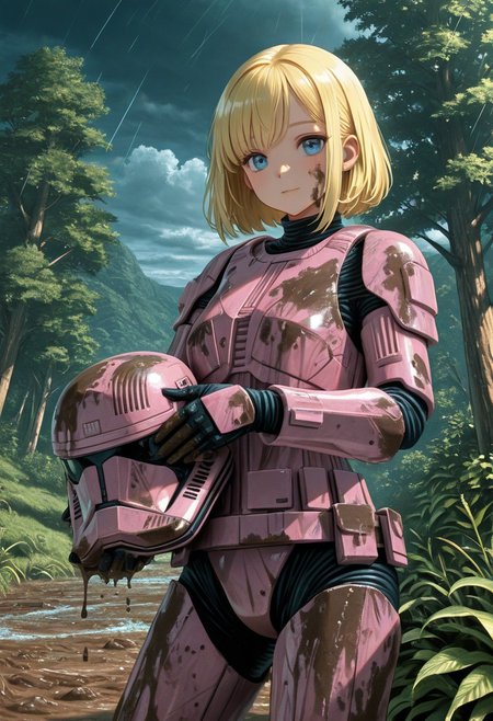 detailed background, cowboy shot, solo, 1girl, SithTrooper, pink armor, female human, blonde hair, smile, Star Wars forest scenery, storm, at night, mud on armor, ((holding helmet in hand)), detailed scenery, masterpiece, best quality, very aesthetic, newest, masterpiece, best quality, amazing quality, very aesthetic, absurdres, newest,, high res, ultra detailed, best quality, best artwork, 4k, ultra quality, perfect face, absurdres,masterpiece,best quality,amazing