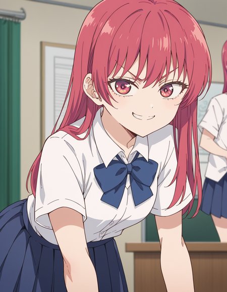 score_9, score_8_up, score_7_up, source_anime, <lora:saki-saki-s2-ponyxl-lora-nochekaiser:1>, saki saki, long hair, bangs, red eyes, red hair,, skirt, shirt, bow, school uniform, white shirt, short sleeves, pleated skirt, bowtie, blue skirt,, indoors, bent over, smile, smug, looking at viewer, solo,, cowboy shot, dutch angle