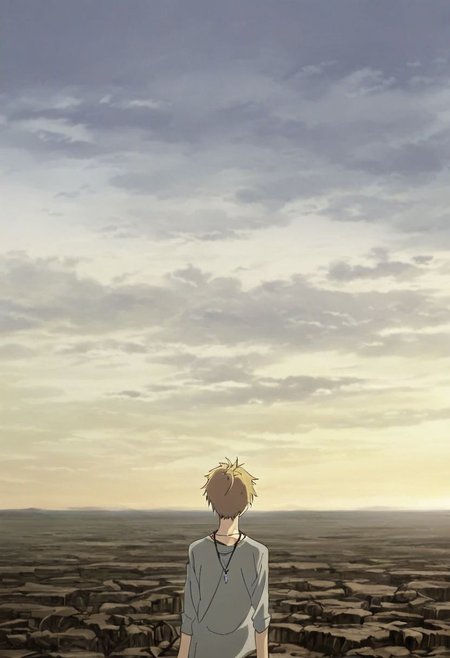 high resolution, solo, best quality, 1Boy, Yamato Ishida, Blond Hair, Necklace, gloomy, Sky, strong wind, OverallDetail