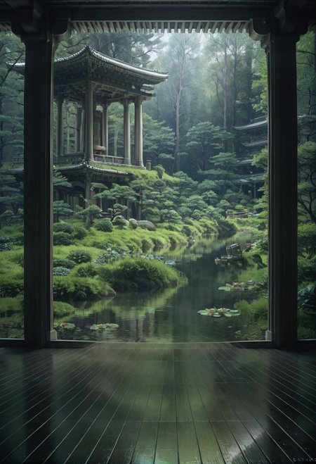,ruanyi1163,wooden floor,plant,pond,tree,Pillar,<lora:1163 Japan sketches_v1_pony:0.9>, score_9,score_8_up,score_7_up,,8k,1girl,solo,,