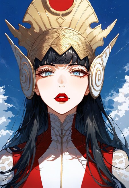 1girl, full body panagiataosmtv, long hair, black hair, blunt bangs, blue eyes, helmet, white bodysuit, red skirt,yellow field, dark deep blue sky, evening. upper body shot, closeup, portrait, sky, clouds, blacklight, dappled light,dappled sunlight  <lora:sxz-Slavic-Fantasy-pdxl:0.75>, BREAK, score_8_up, score_7_up, Expressiveh, slavic,kanekostyle, lipstick, eye shadow, eyelashes