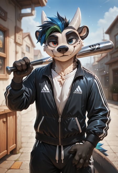 photorealism, photorealistic, detailed fur, chromatic aberration,    looking at viewer, front view,    male, 1boy, solo, (dragotter:1.2), otter, black body fur, white head, adult, small ears, claws, heterochromia, horns, furry, anthro, solo, 2fangs, (sound effect:1.15), 4 fingers, smug,   gopnik, badass, black adidas sport trousers, black adidas sport jacket, zipper is zipped, cigarette in mouth, urban, rusty metal garage, holding a baseball bat,   (syuro:0.8), (nomax:0.5), (honovy:0.6), (kenket:0.6), (taran fiddler:0.6), masterpiece, best quality, amazing quality, very aesthetic, absurdres, newest,   <lora:Dragotter_Illustrious.safetensors:1.0:1.0>