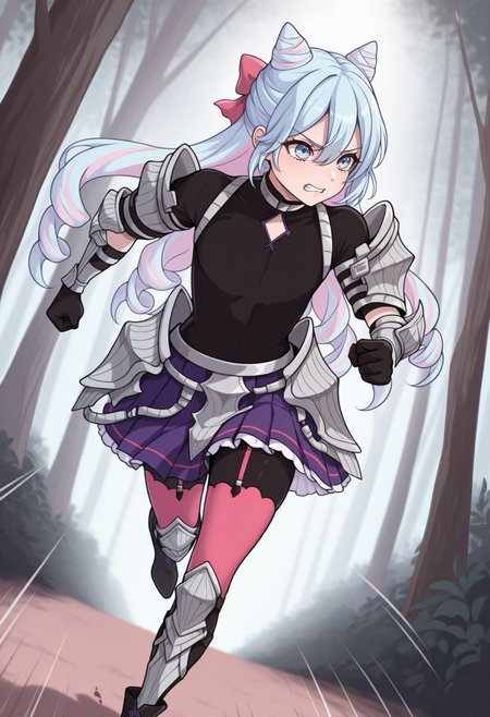 masterpiece, best quality, 1boy, running, clenched teeth, clenched hands, speed lines, <lora:RosadoFE-illu:1> dfR0s, light blue hair, cone hair bun, multicolored hair, pink hair, hair ribbon, pink ribbon, long hair, drill hair, hair between eyes, blue eyes, frilled skirt, short sleeves, multicolored eyes, pink eyes, otoko no ko, black bodysuit, diamond cutout, arm guards, vambraces, black gloves, faulds, purple skirt, pleated skirt, pink thighhighs, garter straps, knee pads, shin guards, black boots, ankle boots, high heel boots, forest, dynamic angle