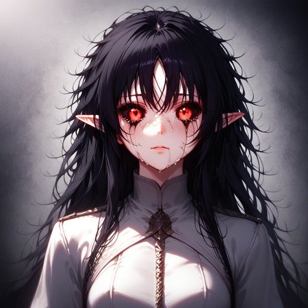 Drestoria-Style_V2, (masterpiece), (best quality), source_anime, perfect anatomy, digital_media_(artwork) hi_res, intricate, high quality, amazing quality, Highly Detailed, Perfect Face, elf, knight, ((red eyes, black sclera:1.4), black hair, messy hair, long hair, wild hair), semi-realistic, nose, detailed background, (full body, full body view), Purple Tears, ((Neutral Facial Expression, Bland Facial Expression), Bland Face, Neutral Face)