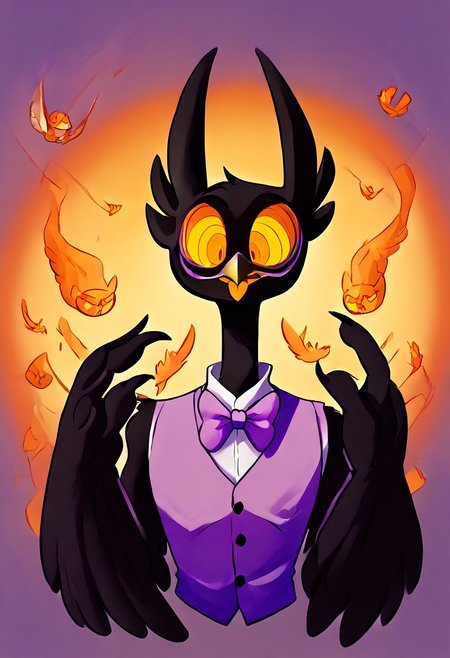Barnaby, 1boy, yellow eyes, orange sclera, black body, long neck, feathers, bird feet, winged arms, bird tail, black beak, purple vest, sleeveless, purple bowtie, orange tongue, avian, furry, anthro, ghost, owl, spirit, digitigrade, no humans, perfect anatomy, solo, (insanely detailed, beautiful detailed face, masterpiece, cinematic lighting, detailed hands, detailed face, best quality), (sharp), score_9_up, score_8_up, score_7_up, score_6_up, highest quality, 8K, RAW photo, source_anime, perfect face, perfect hands, upper body, diives