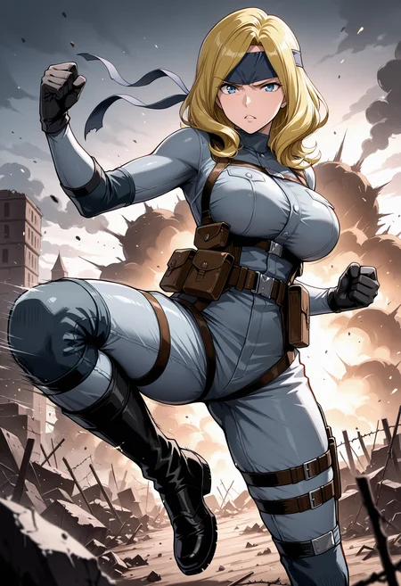 masterpiece, best quality, 1girl, solo, blonde hair, parted bangs, large breasts, mily_ashford, long hair, dark blue headband, grey bodysuit, harness, solidsnk, war, outdoors, world war ii, kicking, kicking at viewer, motion lines, motion blur, blue eyes, belt pouch, black gloves, black boots, cloudy sky, battlefield, battle, destruction, (rubble:0.9), explosion, smoke, (barbed wire), military vehicle, high kick, looking at viewer, angry, frown, raised eyebrow, parted lips