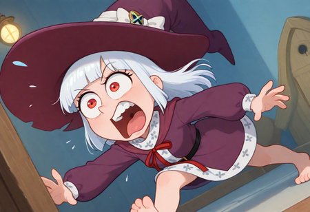((dumb_witch, barefoot, uncovered_legs, red_eyes, white_long_hair, hime_cut, witch_clothes, huge_hat, purple_robe, puffy_long_sleeves, white_dress, dress_under_robe, clothes_decorations, red_ribbon, chibi, chibi only, big head, mini person):1.3),
(1girl, solo, ),
((<lora:toon_reaction_eyes_popping_out>, toon reaction, eyes popping out, long eyes, stretched eyes, exaggerated mouth, surprised face):1.3),
(score_9, score_8_up, score_7_up, score_6_up, masterpiece, best quality, newest, amazing quality, highres, enhanced colors,  colored shadows, smooth edges, dynamic angle, wide shot, blending)