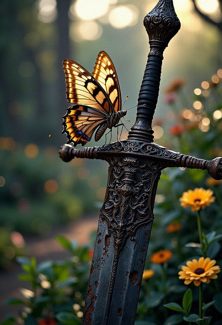 A realistic scene of a small, fragile butterfly perched on the hilt of a massive medieval sword. The butterfly's wings sparkle with iridescence, flapping gently as it hovers in the air, balancing with the huge weapon. The sword is ancient, covered in intricate engravings and partially rusted, which contrasts with the fragility of the butterfly. In the background is a blurred garden with soft sunlight. This contrast of strength and fragility creates a surreal and thought-provoking image.  <lora:FluxMythP0rtr4itStyle:0.8> MythP0rt,  <lora:aidmaImageUpgrader-FLUX-V0.1:0.33> detailmaximizer,  <lora:Sinfully_Stylish_.02_for_FLUX-000002:0.4>
