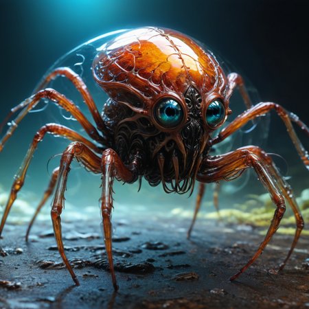 bioengineered spider creature, many legs, spindly legs, lots of eyes, (transparency:1.4), (detailed cybernetic implants fused with organic matter), full body, (with intensely vibrant swirling colors:1.3), realistic photo,  artialien