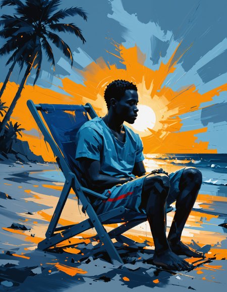 zavy-ngtvpnt, negative space, minimalism, painting, dynamic, Haitian Male, the Male is Disheartened and Holy, he is sitting in a Beach chair, at Dusk, Cosy, action, shiny, sunny, handsome, sublime, dynamic
