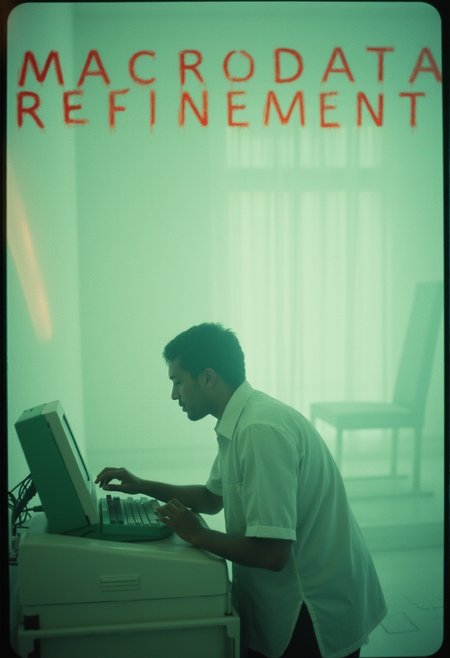 "A grainy 16mm film still of a faceless worker in a crisp white shirt, hunched over a flickering green terminal in a stark white room, 'MACRODATA REFINEMENT' scratched in shaky red letters across the top, soft pastel light leaks bleeding into the edges, a distant silhouette of a Wellness Session chair looming like a specter."