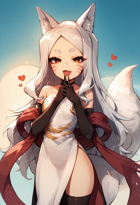 masterpiece, best quality, score_9, score_8_up, score_7_up, score_6_up, 18year old, mesugaki, smug, skin fang, hand to own mouth,Expressiveh,Shiro,
1girl, animal_ears, solo, tail, thighhighs, gloves, long_hair, fox_ears, dress, elbow_gloves, fox_tail, black_thighhighs, black_gloves, simple_background, red_eyes, hands_on_hips, facial_mark, choker, smile, white_dress, fox_girl, strapless, shawl, looking_at_viewer, white_hair, strapless_dress