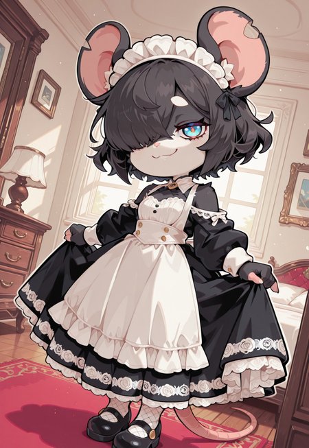 perfect eyes, S4bit4mago_illu, anime style, s0wasow4rt_illu, masterpiece, best quality, high quality, newest, highres, (chibi rat), score_9, score_8_up, score_7_up, Nameless_Style, chibi rat, rat girl, _Style, chibi, furry:1.2, Cartoon_Type, (solo), curvy, fluffy1.3, shortstack rat girl, (very short hair), messy hair , hair over one eye, (curly hair), medium chest, lace styled dress, maid outfit, bedroom, long dress, panoramic view of bedroom, stubby shoes, mary janes, thick white outline, curvy, white lace, face focus, fabric, intricate lace, intricate details:1.2, long dress,  fishnet stocking, bare shoulders, blue eyes, lidded eyes, sulty gaze, confident, smile, lifting skirt, black lace, intricate details:1.2, long dress, (black fur), dynamic angle, hand on dress hem, countershade fur, stylish, pose, extremely detailed, high quality, cute background, 