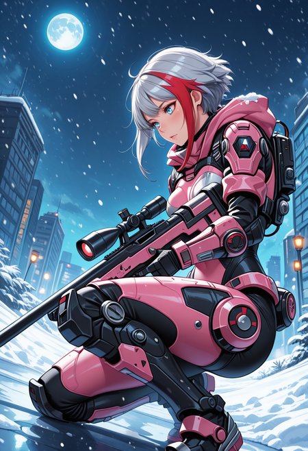 masterpiece, best quality, anime,  BREAK 1girl, solo,dutch angle,from side,cowboy shot,  glowing, on one knee,  solo,  holding weapon, puddle,  (sniper rifle:1.6), night,moon,aiming,post-apocalypse, snow,(snowing:1.6),  <lora:RealisticAnimeIXL:0.5> bokeh, luminescent background,on rooftop, looking down,  <lora:Dramatic Lighting Slider:4> ( titanfall \(series\):1.6),   floating hair, ,fortified suit, two-tone bodysuit, black bodysuit, pink bodysuit, skin tight, armored gloves, armored boots   <lora:GrafSpeeIllusV4:1> blue eyes, or grey hair, short hair, sidelocks, streaked hair,medium breasts, grfrnd
