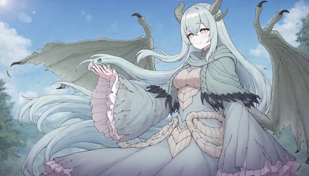 <lora:PAARTHURNAX_IL:0.8>,
masterpiece,best quality,good quality,newest,
outdoors,detailed background,nature,blue sky,blue sky,lens_flare,glitter,
smile,
looking at another,
solo,
PAARTHURNAX,1girl,dragon horns,broken horn,dragon girl,dragon wings,very long hair,green hair,hair between eyes,green eyes,breasts,
capelet,dress,sleeves past wrists,wide sleeves,
wind,floating hair,