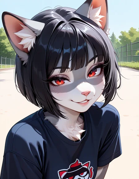 masterpiece, best quality, very aesthetic, absurdres,
outdoors,
t-shirt,
headshot, face focus,
seductive smile, parted lips, long eyelashes,
<lora:Molly_v01_NAIXL:1>
Duska,1girl,solo,furry,female,cat girl,short hair,bob cut,black hair,bangs,cat ears,animal ear fluff,red eyes,animal nose,body fur,two-tone fur,grey fur,white fur,