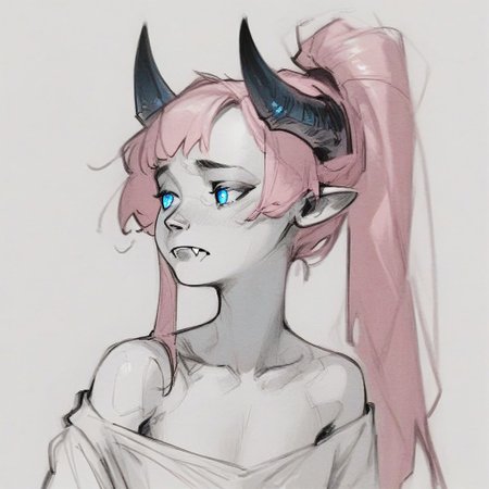 score_9, score_8_up, score_7_up, sketch, monochrome, greyscale, spot color, upper body, Lynn Pink, blue eyes, pink hair, ponytail, tail, horns, pointy ears, fangs, (((adult))), small breasts, simple shirt, long sleeves, off shoulder, no bra, looking away, arms at sides
