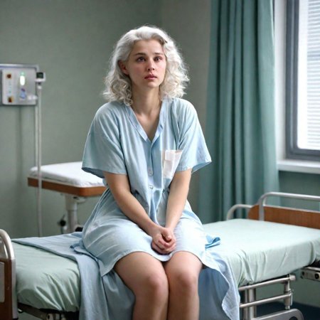 .1woman, 27 years old, caucasian, cute, realistic, medium length hair, white hair, wavy hair, hospital room, sitting on hospital bed, wearing a hospital gown, patient gown, barefoot, nervous, looking away,