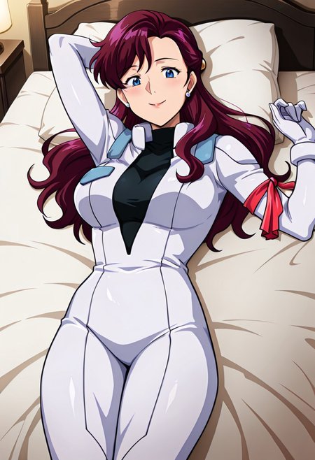 ((masterpiece, absurdres)), best quality, amazing quality, newest, 4k, anime coloring, very aesthetic, ray tracing, Smooth Quality, CG,city view,Junko, 1 mature female, purple hair, long hair, ear accessory, blue eyes, smile ,pilotsuit, turtleneck t-shirt, arm ribbon, lying on bed