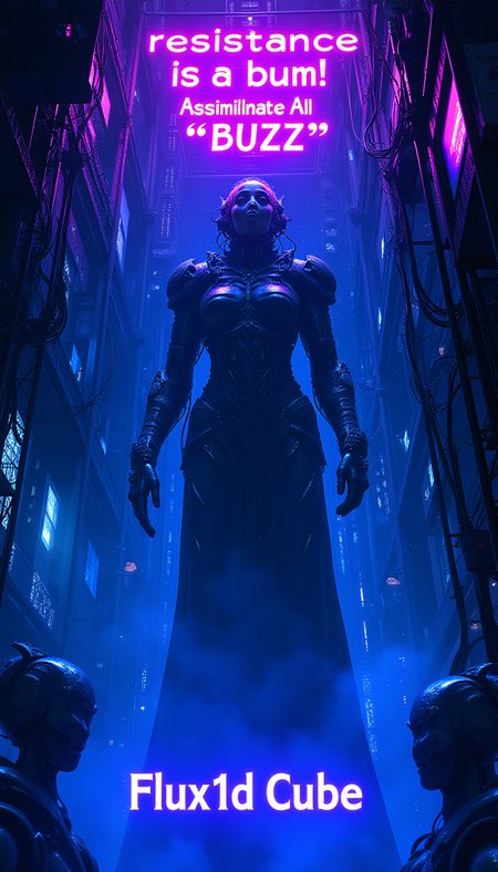 The Giant Borg queen descending from the ceiling with power and glory and might, wires cables, humanoid drones and computer lights everywhere top floating purple neon text bubble "resistance is a bum! Assimilate All *BUZZ*" add bottom bright blue text "Flux1d Cube" cyberpunk
<lora:Cinematic_style:0.3><lora:flux_realism_lora:0.3>