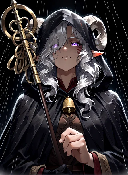 looking at viewer, glowing eyes,  <lora:Smooth_Lighting_Enhancer:1>  dark background, simple background,masterpiece, tiefling, tail, anime,  pointy ears, tiefling, silver hair, ivory sheep horn, 
 shakujou,  holding shakujou,  <lora:Khakkhara:1>  from below,    <lora:Travlers_Poncho:0.8> cloak , hood , hood up , hand on hood, shadow on face,  rain,  portrait  <lora:dark_v1.9-pony:1> dark theme, dim lighting, black theme, dark background, dark room, black background, silhouette, backlighting,, masterpiece, tiefling, tail, anime,  pointy ears, tiefling, silver hair, ivory sheep horn,
<lora:whisker_markings:0.8>red whisker_markings:1.7, silver long wavy hair, bell necklace, short pointy ears, purple eyes, tiefling_bard_diana:1.2,   hair over one eye, braid, <lora:Tiefling_bard_Diana_ILXL:1>  cloak, 
cow tail:1.4,