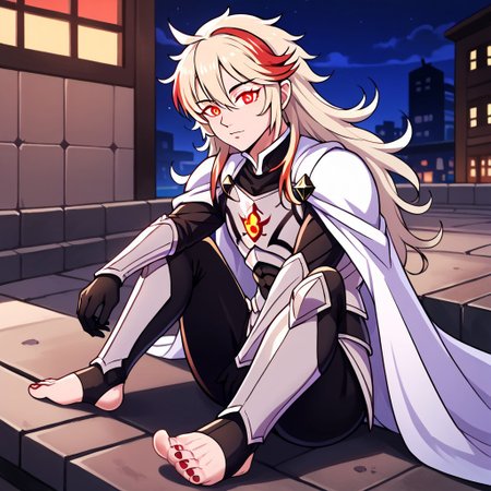 masterpiece, best quality, sharp aliasing, highly detailed, 1male, male body, male,EPfeCorrin, white cape with flames, armour, black gloves, black pants, wearing pants, outdoors, stone tiled ground, buildings, night, barefoot, toeless legwear, armoured legwear, shin armour, leg armour, leg and shin amour, stirrup legwear, black stirrups, 5 toes, Quality, High Definition, Full body view, solo, rengoku kyojuro, forked eyebrowns, long hair, two-tone hair, multicolored hair, red eyes, sword, red toenails, dirty feet, glowing eyes, sitting, side view, sitting on ledge