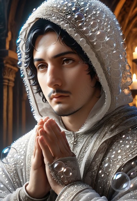 cinematic portrait, a man with hood praying statue made_of_bubbles, statue of torithor(1boy, bara, short hair, black hair, brown eyes, facial hair), intricate carvings covered with flower, dim candlelight flickering across weathered features, hyper-detailed fabric folds, volumetric fog, gothic atmosphere, 8k resolution, unreal engine 5, photorealistic, dramatic chiaroscuro lighting, bubbles, colorful bubbles