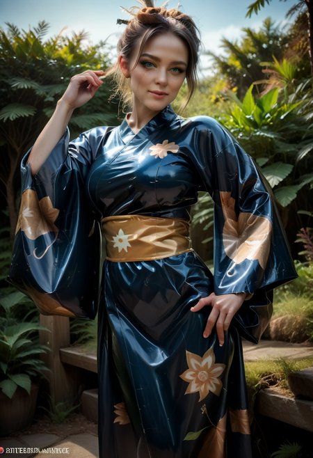score_9, score_8_up, score_7_up, rating_safe, concept art, semi-realistic, 1girl, solo.
Young beautiful face, fit body, Blue eyes.
(Big breast:1.2), (Round breast:1.2).
Latex Kimono, Wide sleeves, Obi.
((Print on sleeves)), Sun print.